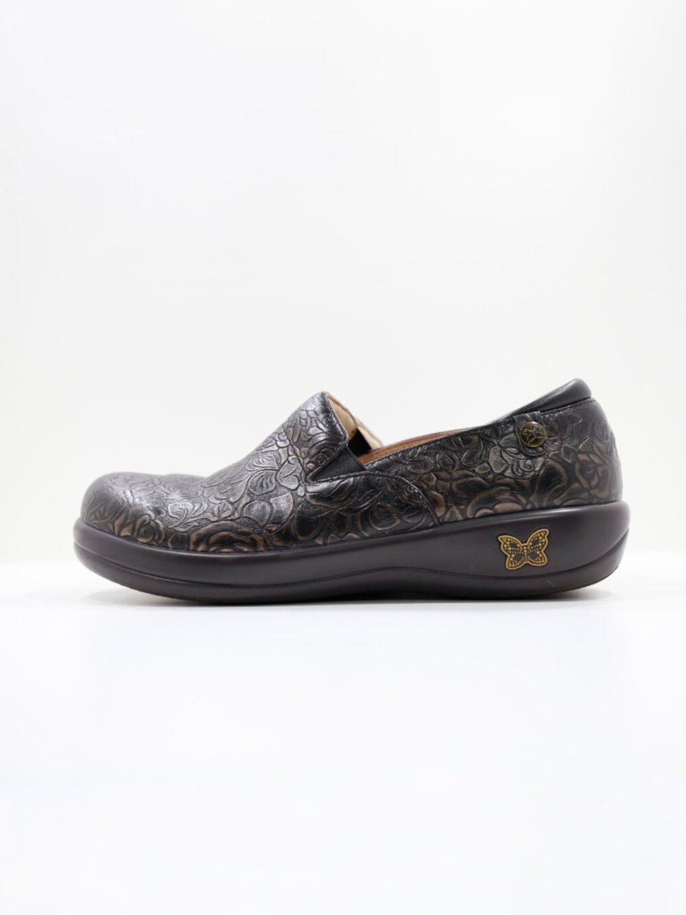 Alegria Keli Brown Embossed Leather Floral Slip Resistant Clogs - 9/EU 39